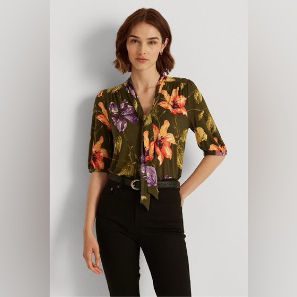 Ralph Lauren Floral Jersey Tie-Neck Blouse in Farm Olive, Plus Size XXL, NWT - Picture 8 of 15